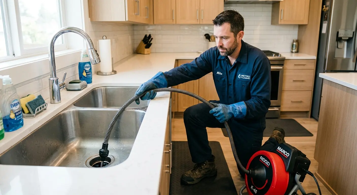 Drain cleaning technician using a motorized snake on a kitchen sink in South Milwaukee