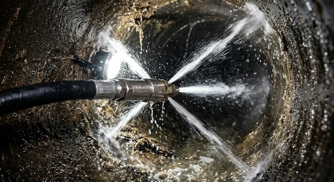High-pressure hydro jetting nozzle cleaning sewer pipe for Trenchless Sewer Repair in South Milwaukee