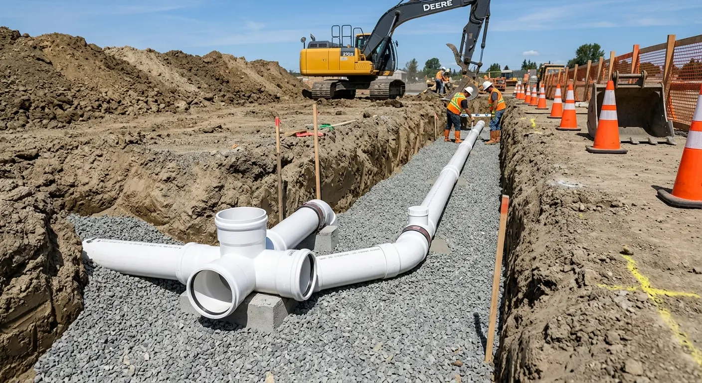 New PVC sewer pipe installation in open trench for Sewer Backup in South Milwaukee