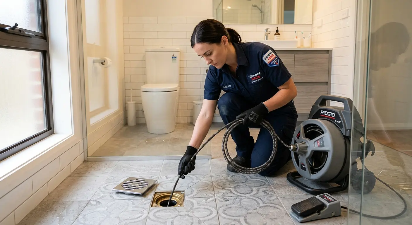 Technician clearing a bathroom floor drain for Drain Cleaning in South Milwaukee